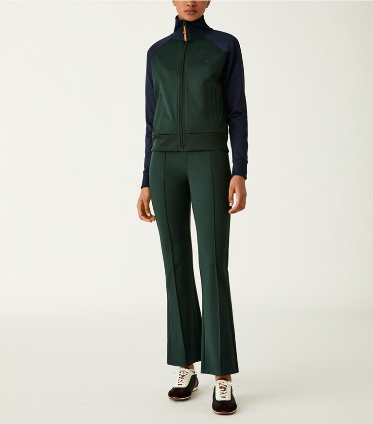 Tory Sport designer jackets Color-Block Double Knit Track Jacket in Conifer / Tory Navy front