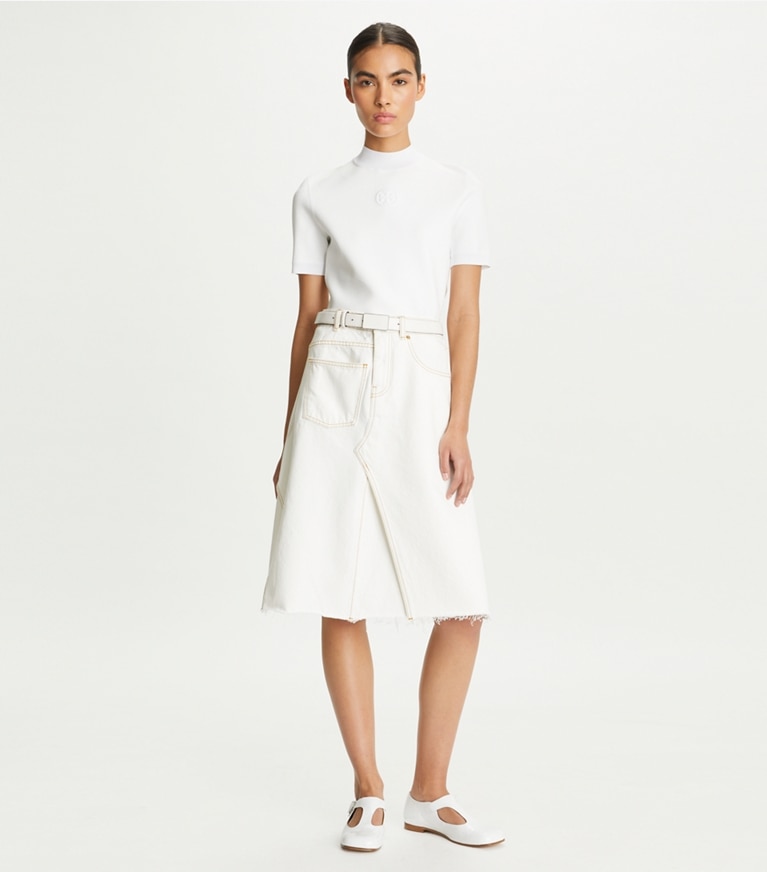 Tory Burch designer bottoms Denim Deconstructed Skirt in White Chalk Wash front