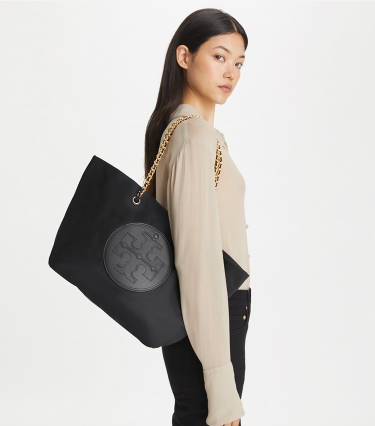 Tory Burch designer tote bags Ella Chain Tote in Black accessory on model