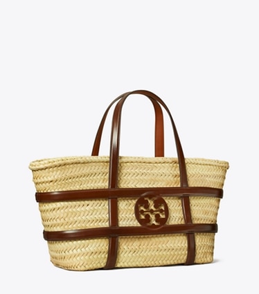 Tory Burch designer tote bags Ella Straw Basket in Classic Cuoio angle