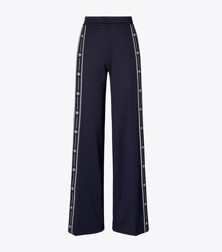 Tory Sport designer bottoms Embroidered Logo Nylon Track Pant in Deep Navy front