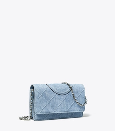 Tory Burch designer mini bags Fleming Denim-Print Suede Crossbody in Denim angle