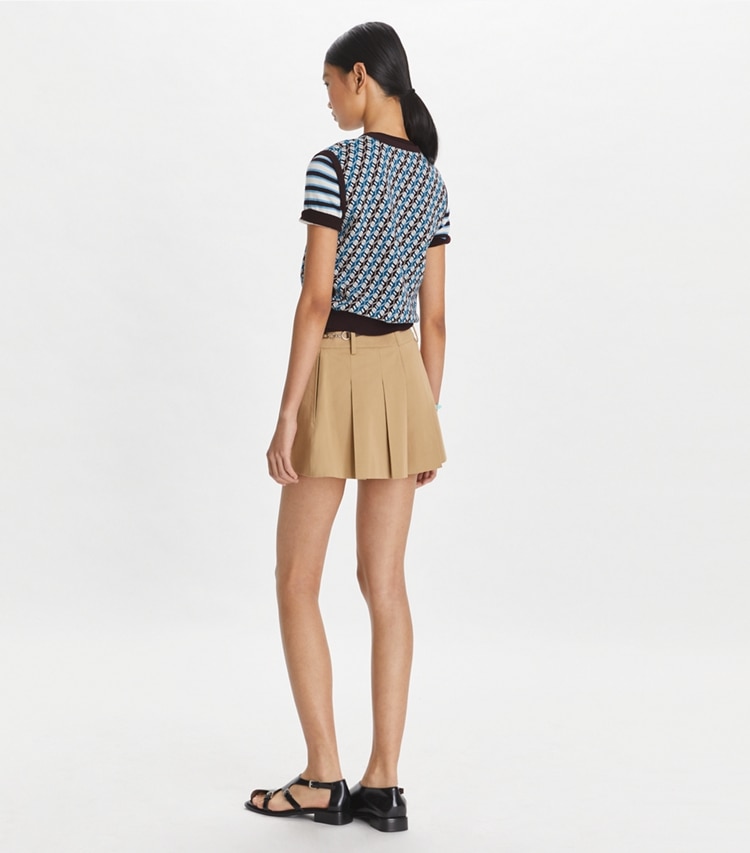 Tory Burch designer bottoms Micro Twill Pleated Short in Chestnut Khaki on model back