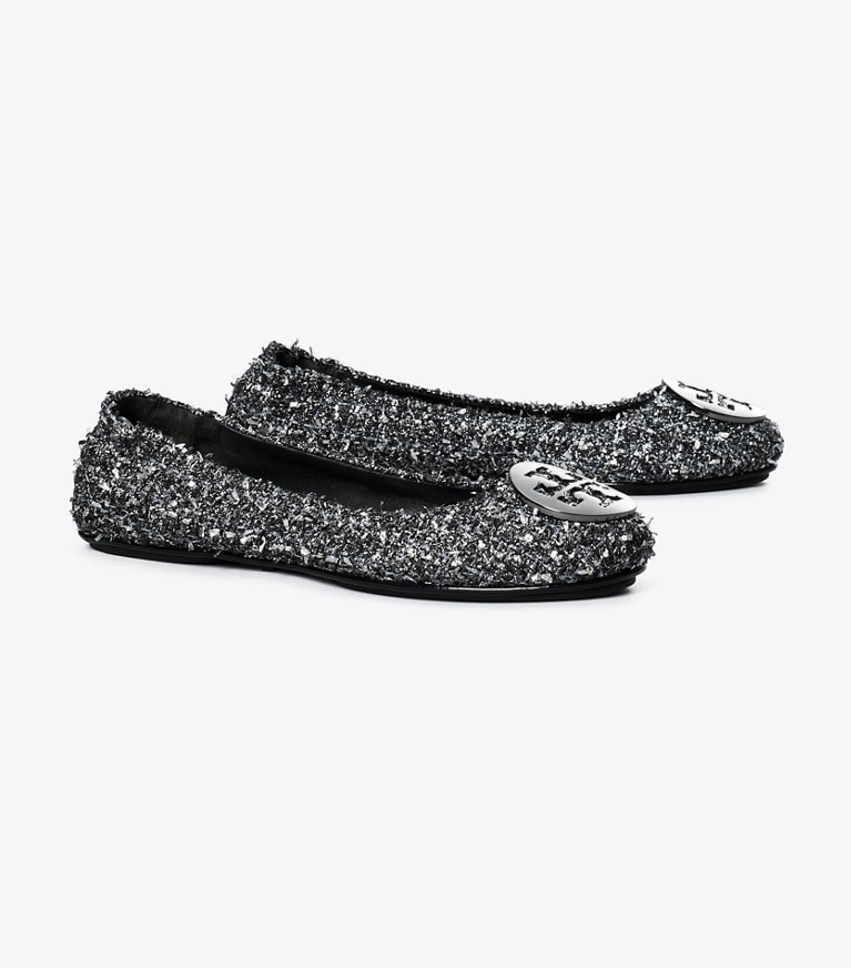 Tory Burch designer flats Minnie Travel Ballet in SILVER CONFETTI / GUNMETAL angle