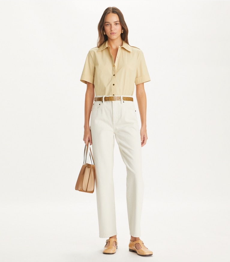 Tory Burch designer tops Poplin Camp Shirt in Soapstone front