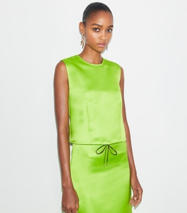 Tory Burch designer tops Satin Shell Top in Vivid Lime on model detail