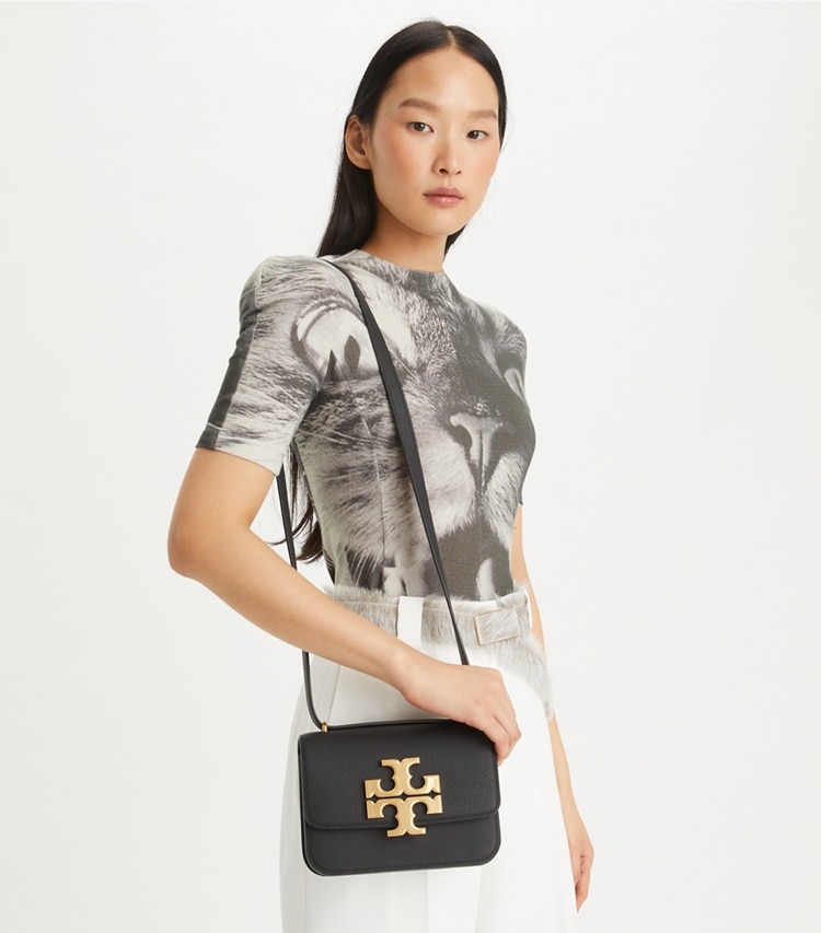 Tory Burch designer shoulder bags Small Eleanor Pebbled Bag in Black accessory on model