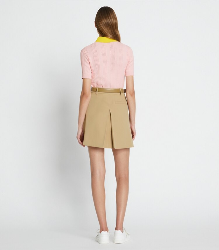 Tory Burch designer bottoms Tech Twill Golf Skirt in Pale Teak on model back
