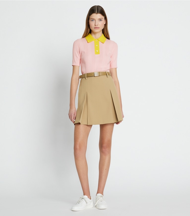 Tory Burch designer bottoms Tech Twill Golf Skirt in Pale Teak front